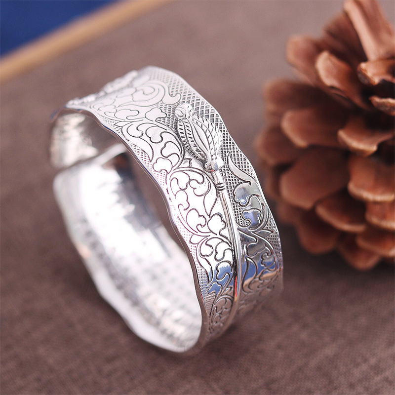 纯银999实心宽面银手镯 麒麟复古貔貅佛教心经平安符镯子雪花足银