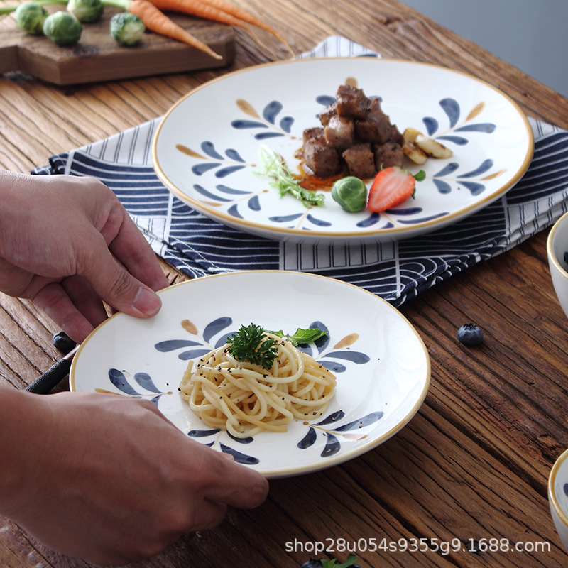 Japanese Style Hand Drawn Japanese Ceramic Irregular Tableware Plate Rice Bowl Soup Bowl Tableware Suit