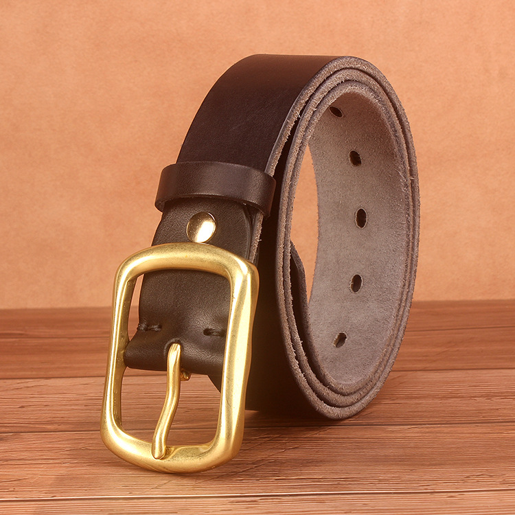 植鞣革皮带头层牛皮手工水洗男士皮带真皮复古牛仔百搭纯铜扣腰带