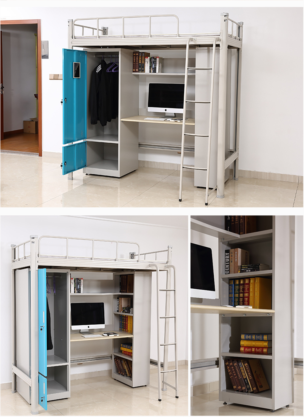 员工宿舍寝室学校公寓床上床下桌铁床上下铺带组合柜书桌组合床