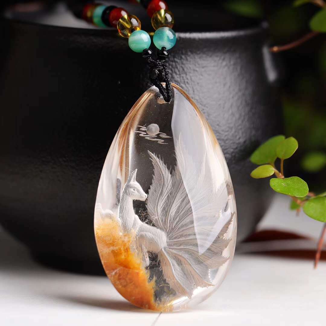 天然水晶花幽灵九尾狐找才 转韵 包品安内雕狐仙吊坠狐狸项链项坠