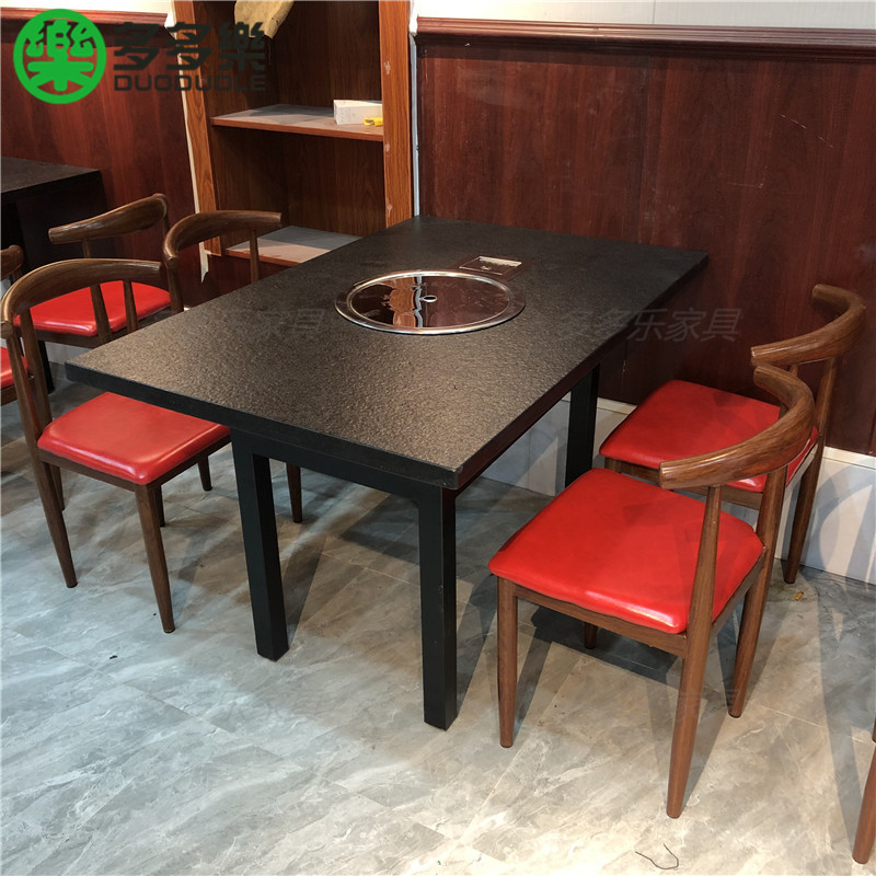 2米正方形火锅桌子火烧石台面 无烟烧烤火锅餐桌八人位