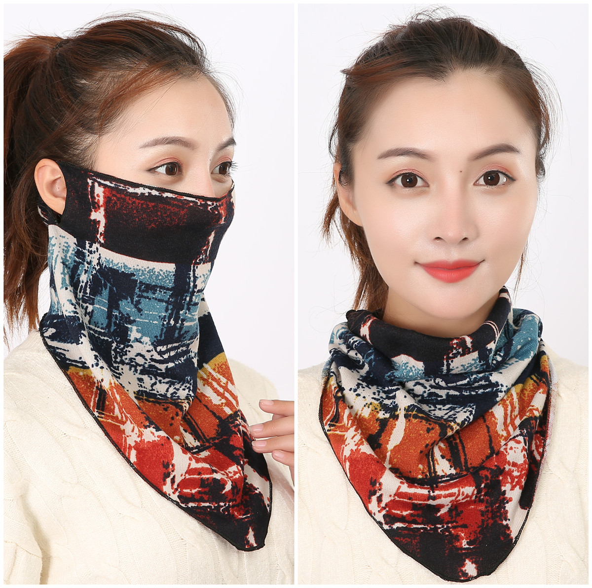2019新款防晒保暖护颈口罩男 女士百变围脖挂耳式防羊绒印花面罩