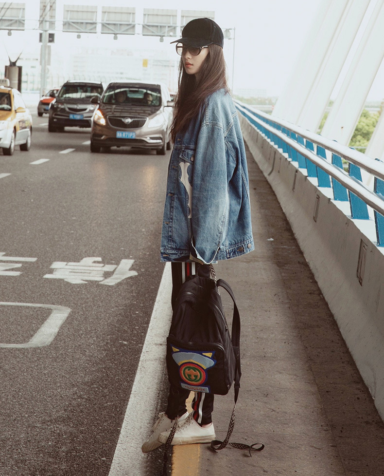 明星女装倪妮同款牛仔衣做旧个性bf风外套 黑色休闲撞色裤两件套