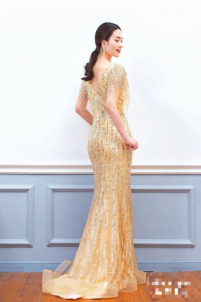 金色晚礼服女2020新款高贵优雅长款宴会聚会显瘦主持人合唱演出服