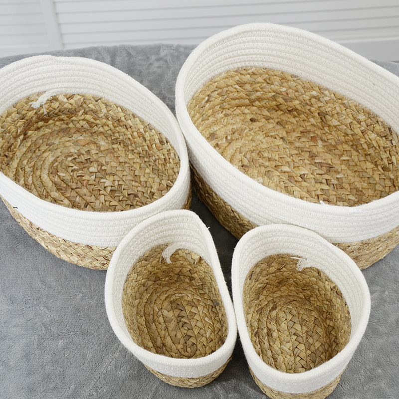 爆款棉线绳草编拼接收纳筐日式田园风草编包衣服玩具筐杂物收纳筐