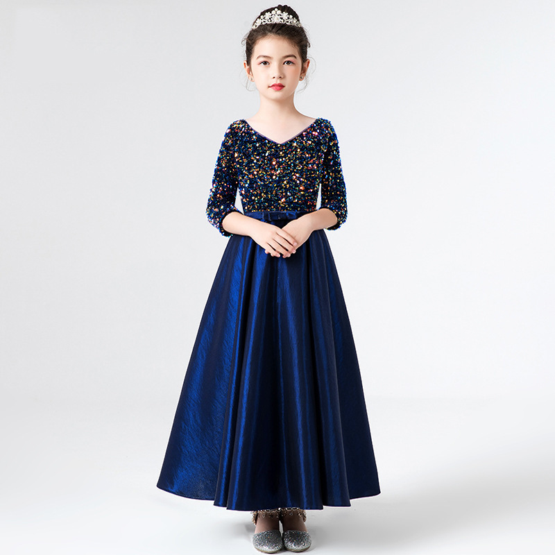 儿童礼服女钢琴表演服装主持人唱歌朗诵比赛五彩中长袖公主裙春夏