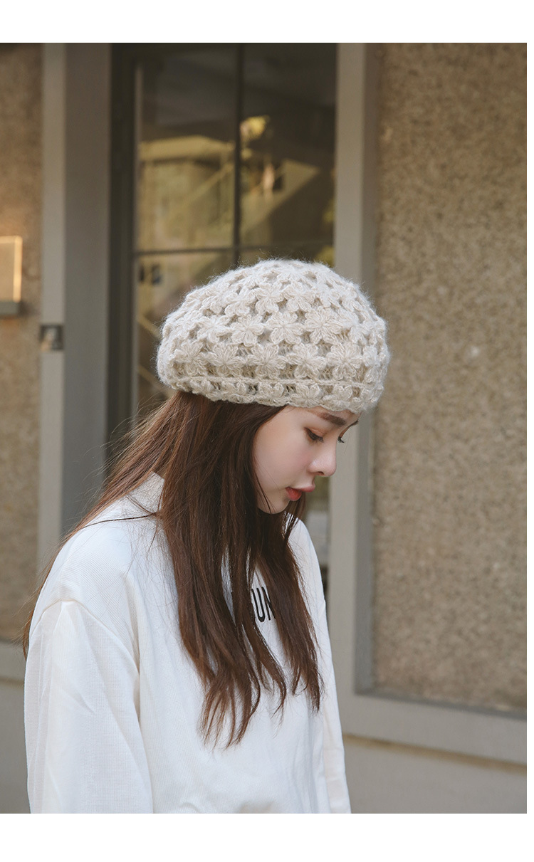 手工编织镂空花朵毛线贝雷帽女秋冬季气质复古瓜皮帽针织画家帽子