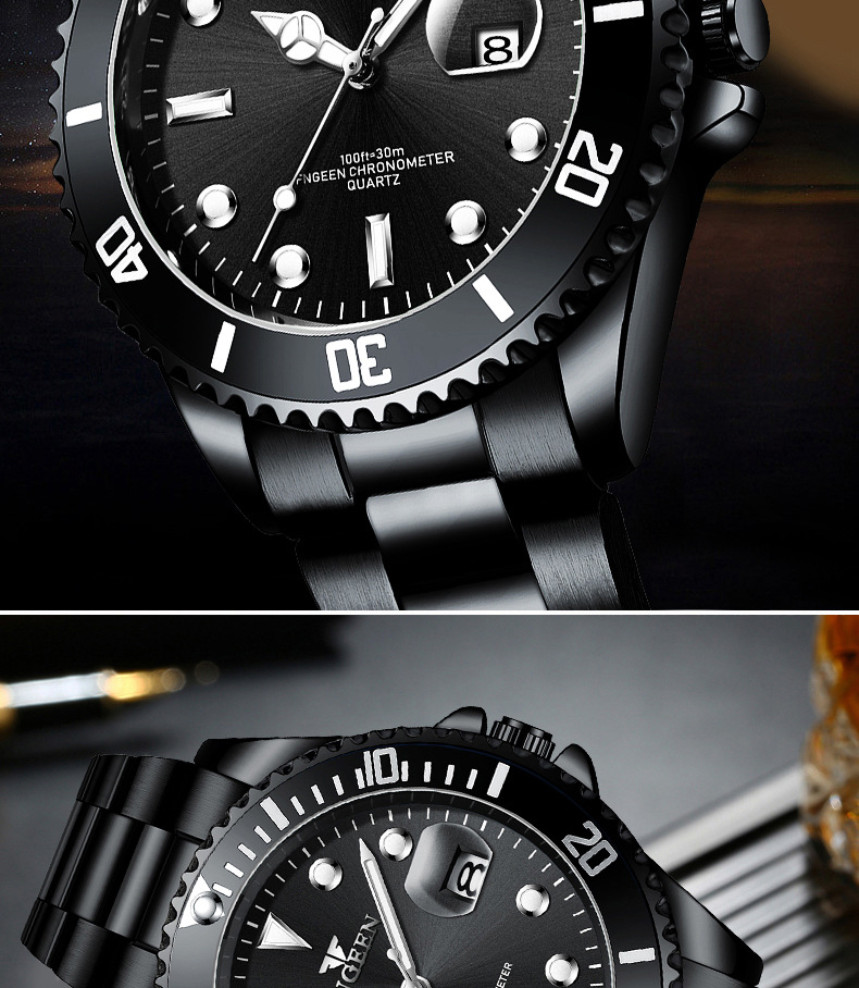 芬尊fngeen夜光绿水鬼手表男士石英表运动风精钢带日历表外贸新款