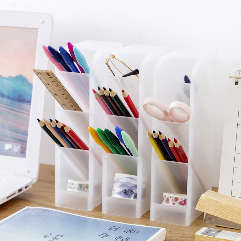 Simple Transparent Frosted Inclined Pen Holder Office Desktop Organizing Storage Box Student Desk Stationery Shelf
