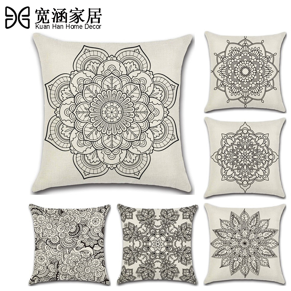 跨境新款欧式简约波西米亚黑白抽象几何花纹抱枕套数码印花亚马逊