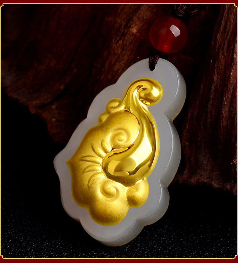 初沐 和田玉金镶玉如意吊坠批发