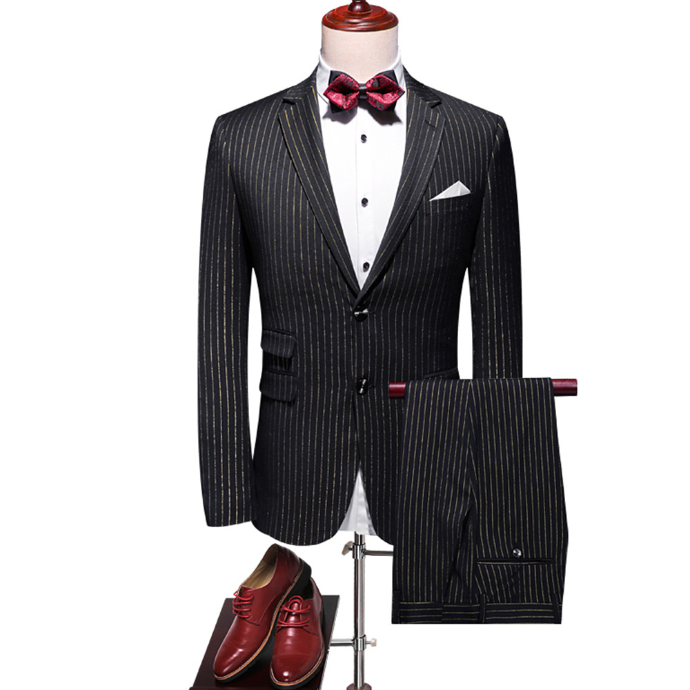 条纹西装套装男黑色suit set商务职业上班族服装韩版修身厂家直销