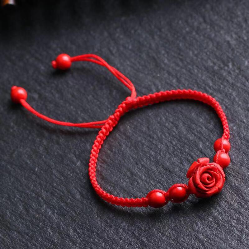 时尚朱砂玫瑰花红绳手链批发 七星连珠手工编织小红花手链