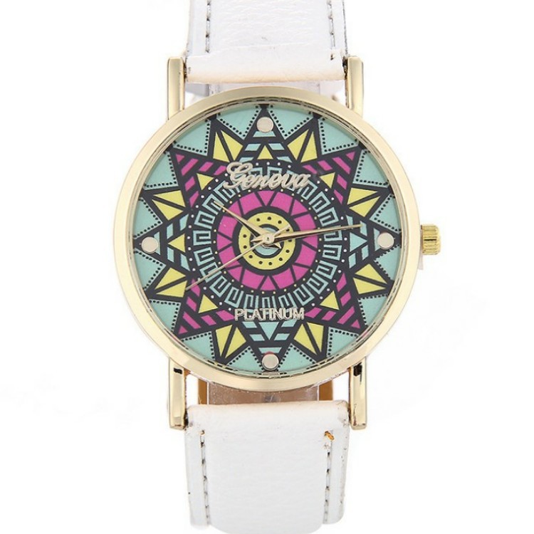 一手货源 森系复古太阳花图案大表盘女士石英表 学生时尚皮带手表