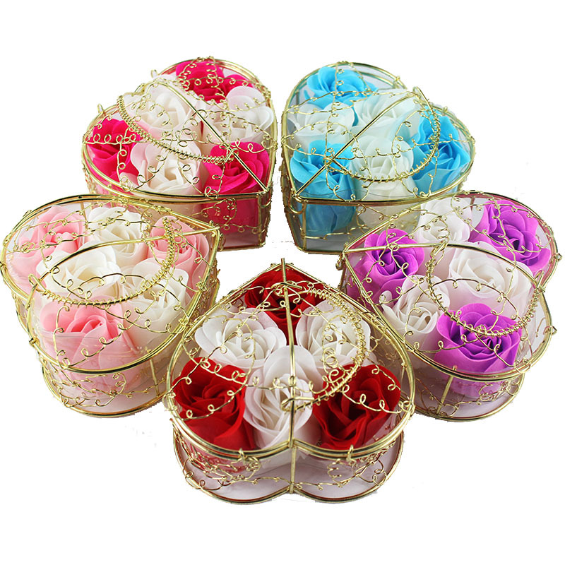 Wholesale Women's Day Gift 6 Roses Soap Flower Iron Basket Creative Festival Promotional Supplies Artificial Flowers