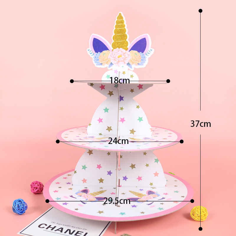 European Cartoon Paper 3-Tier Unicorn Cake Stand Wedding Birthday Party Supplies Disposable Three-Tier Cake Stand