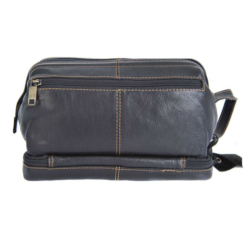 男士洗漱包时尚双拉链真皮洗漱用品收纳袋 复古多功能牛皮洗漱包