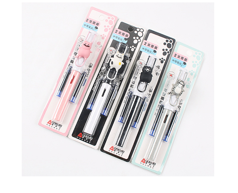 韩版文具批发奥德美猫咪小学生卡通钢笔2个替换芯直液式换囊钢笔