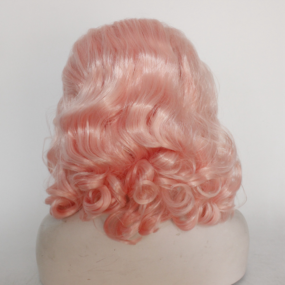 前蕾丝化纤大卷假发 欧美女士粉色短卷发 高温丝头套支持定制