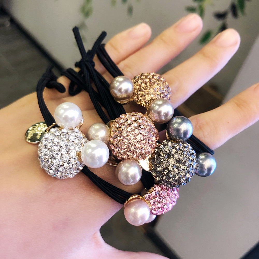 c052镶钻超闪满钻猫咪发圈可爱高亮珍珠双层弹力头绳韩国东大门款