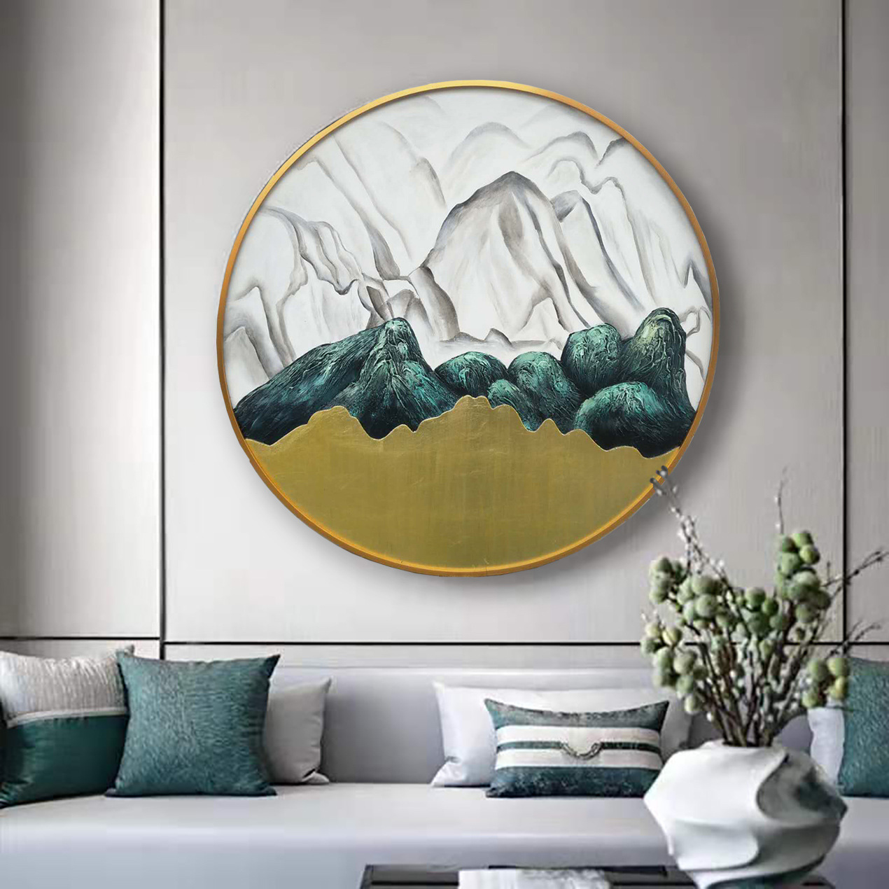 手绘玄关沙发背景墙装饰画新中式山水墙画风水招财圆形客厅壁画
