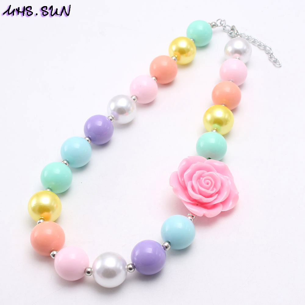新款春天彩色玫瑰花儿童串珠项链 外贸热销kid chunky necklace