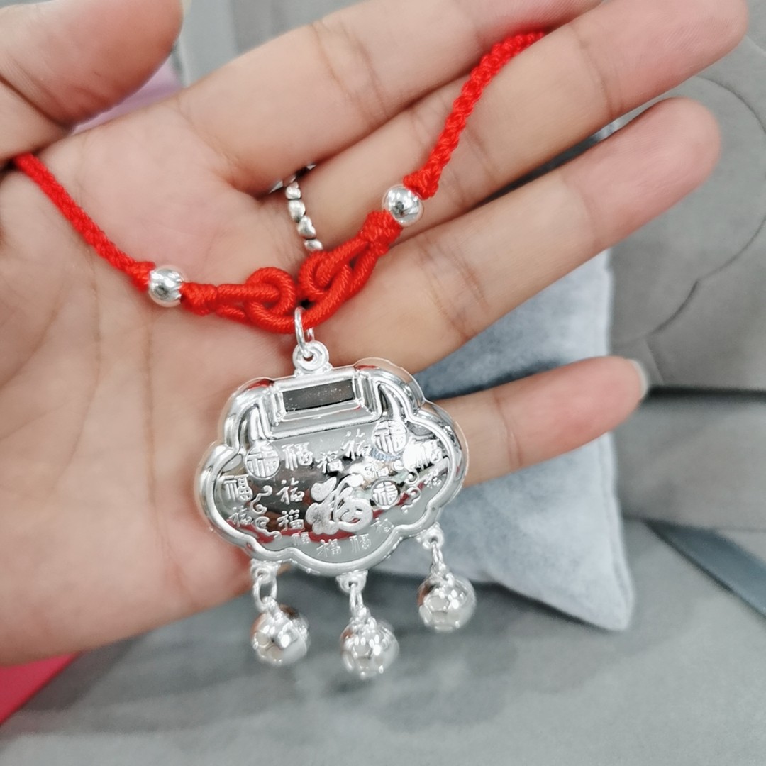 990纯银百福长命锁转运珠手工红绳编织项链周岁宝宝儿童节礼品