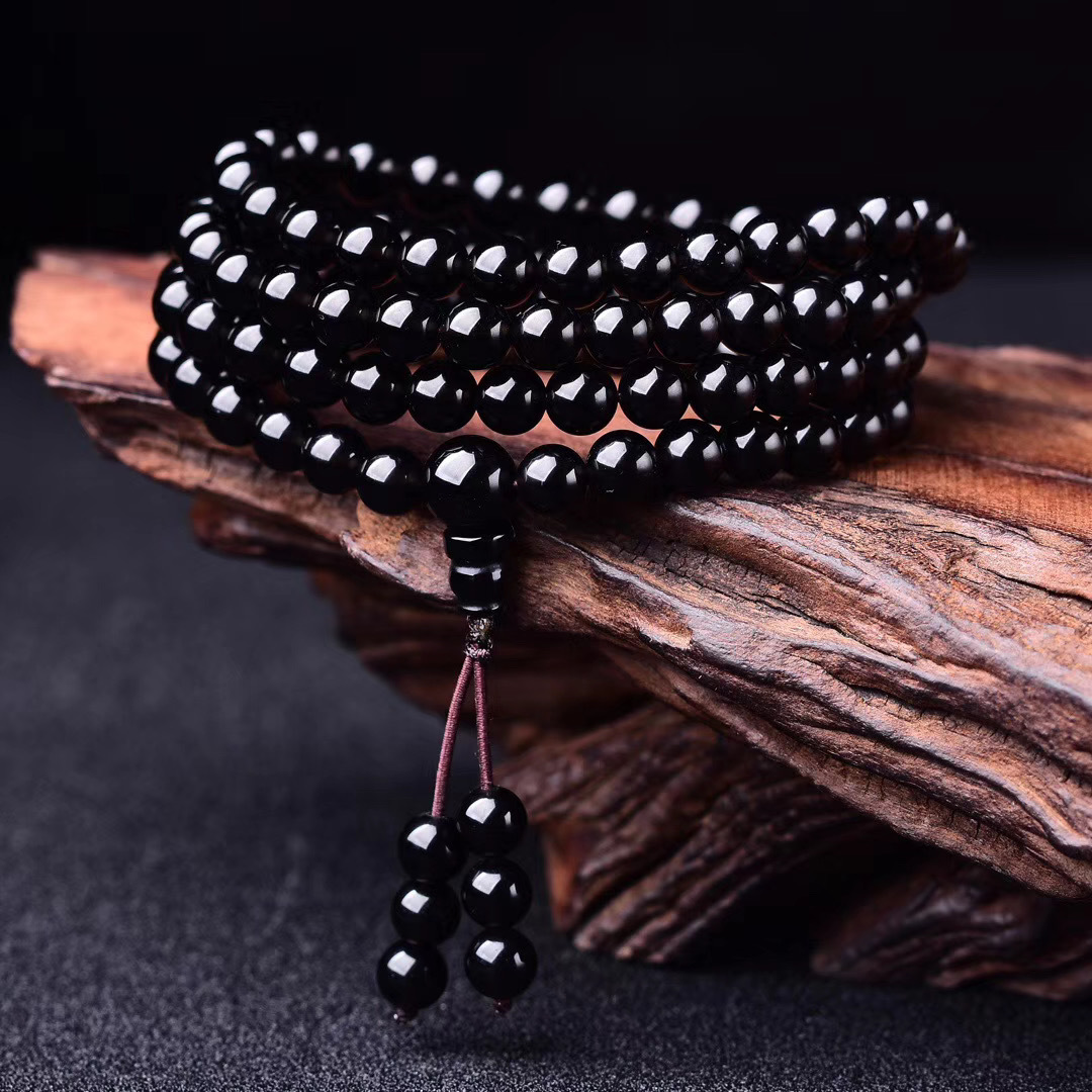 天然黑曜石6-8mm108颗佛珠手链纯黑色无彩眼款男女款多圈手链批发