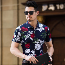 夏季男士衬衫短袖男潮流修身玫瑰花衬衣半袖衣服夏天短袖衬衫男
