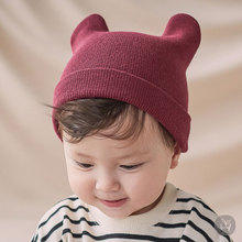 秋冬新款男女婴儿童帽子 纯色宝宝胎帽 可爱猫咪针织帽保暖毛线帽
