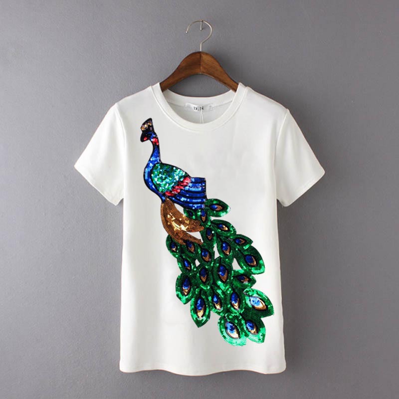 春夏休闲男女欧美夏季潮牌刺绣孔雀图案亮片棉质圆领短袖t恤修身