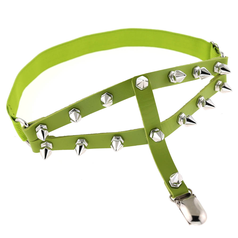 性感女式双排腿环铆钉尖钉吊袜带朋克哥特原宿手工皮质吊带吊袜夹