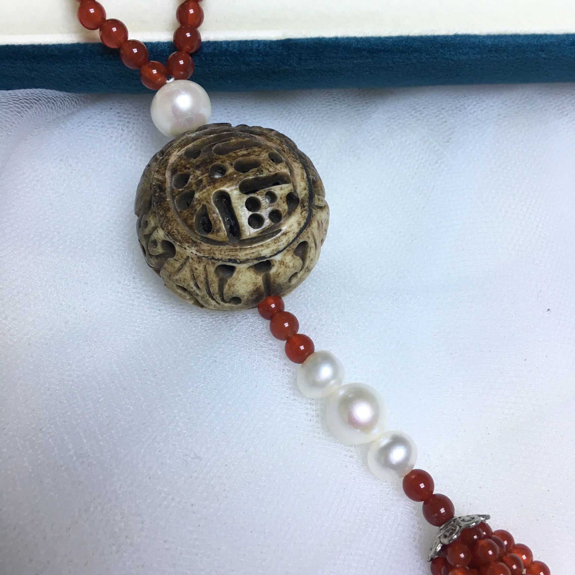 紫月复古民族风精雕牛角福字tian然淡水珍珠项链毛衣链长项链