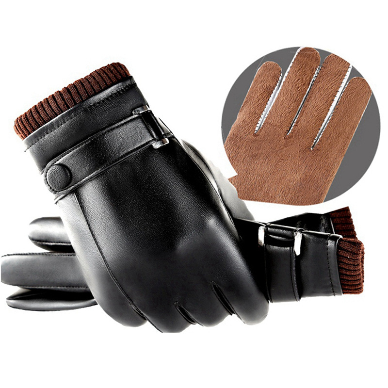 leather gloves men‘s waterproof touch screen autumn and winter washed leather pu leather fleece-lined warm driving cycling motorcycle