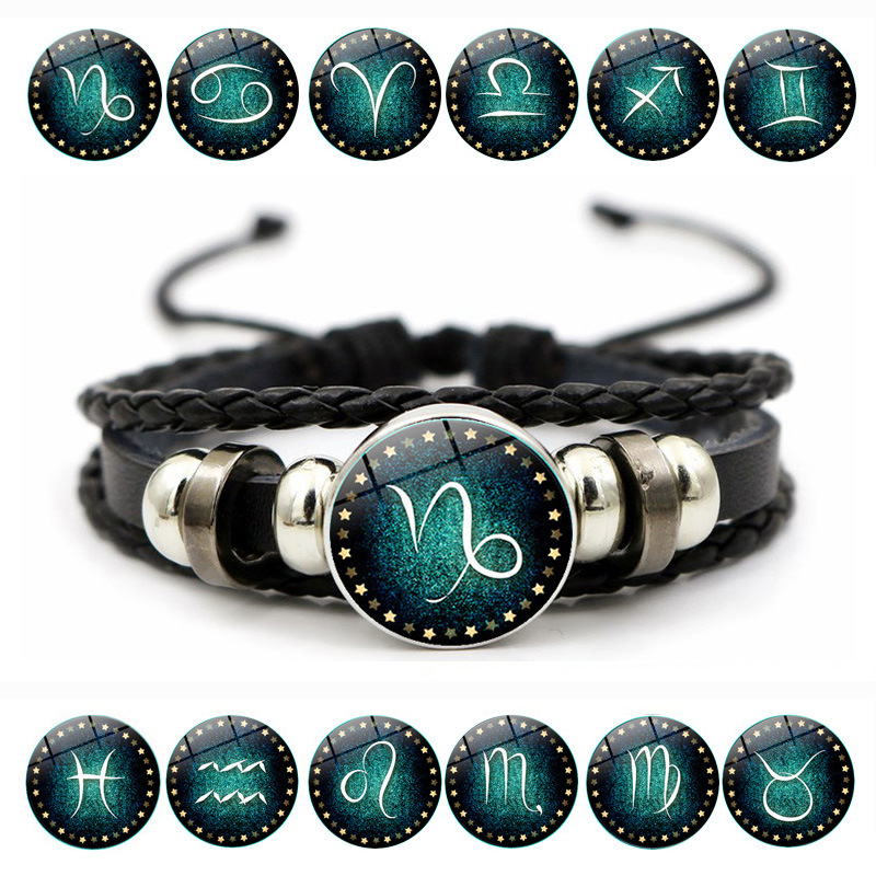 欧美爆款合金跨境货源12十二星座多层编织星空复古朋克牛皮手链