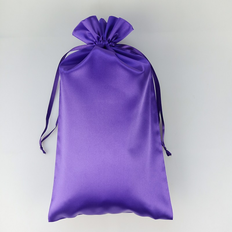 厂家定制紫色色丁布袋 假发束口收纳袋 丝带抽绳丝绸布色丁袋子