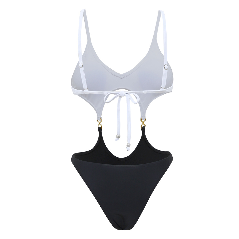 批发亚马逊速卖通欧美外贸黑白拼色性感挂绳绑带泳装连体泳衣女士
