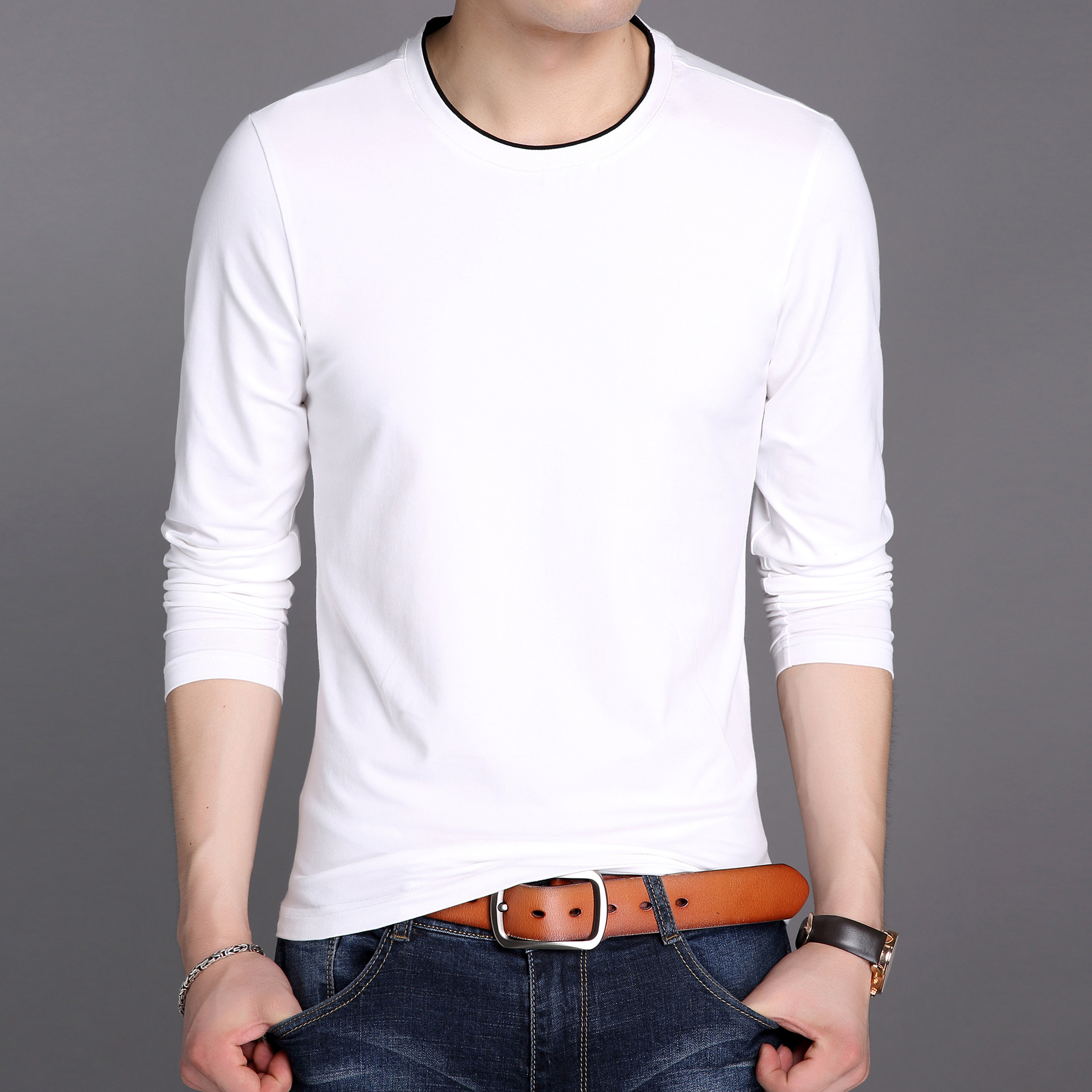 2021春秋新款男青年t恤圆领修身长袖棉打底衫一件代发休闲男装
