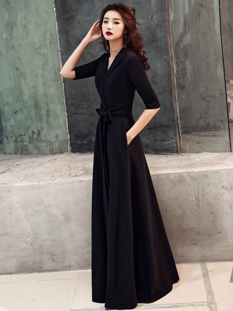 黑色晚礼服裙女2022新款宴会端庄气质名媛长款v领长袖年会派对夏