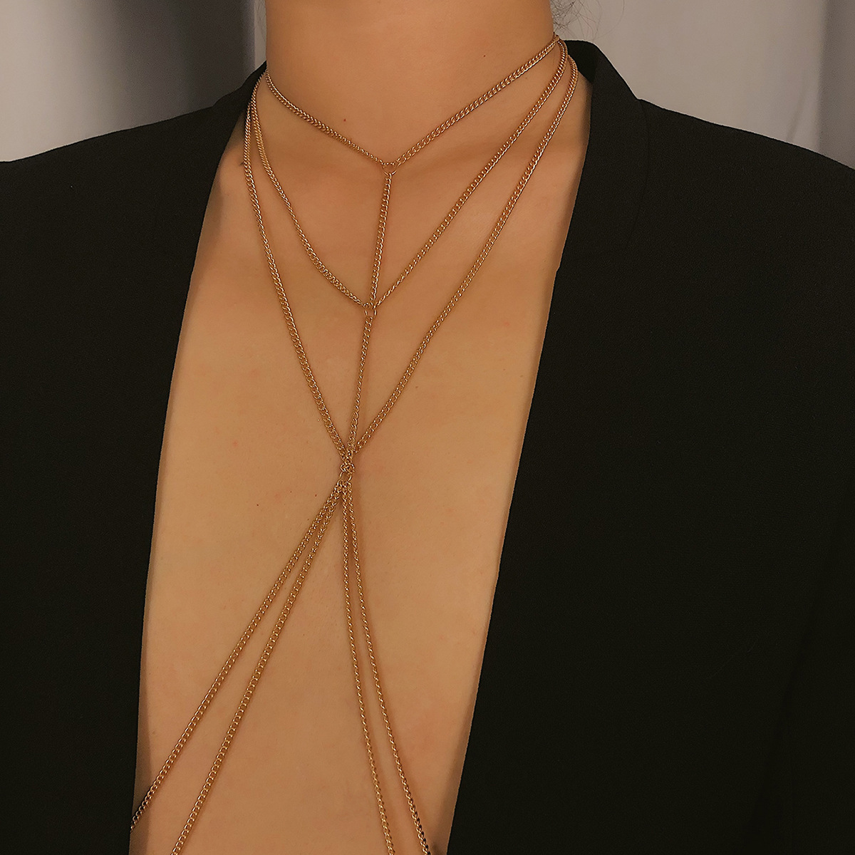 欧美跨境饰品 性感夜店多层衣饰链女 简约几何链条流苏个性身体链