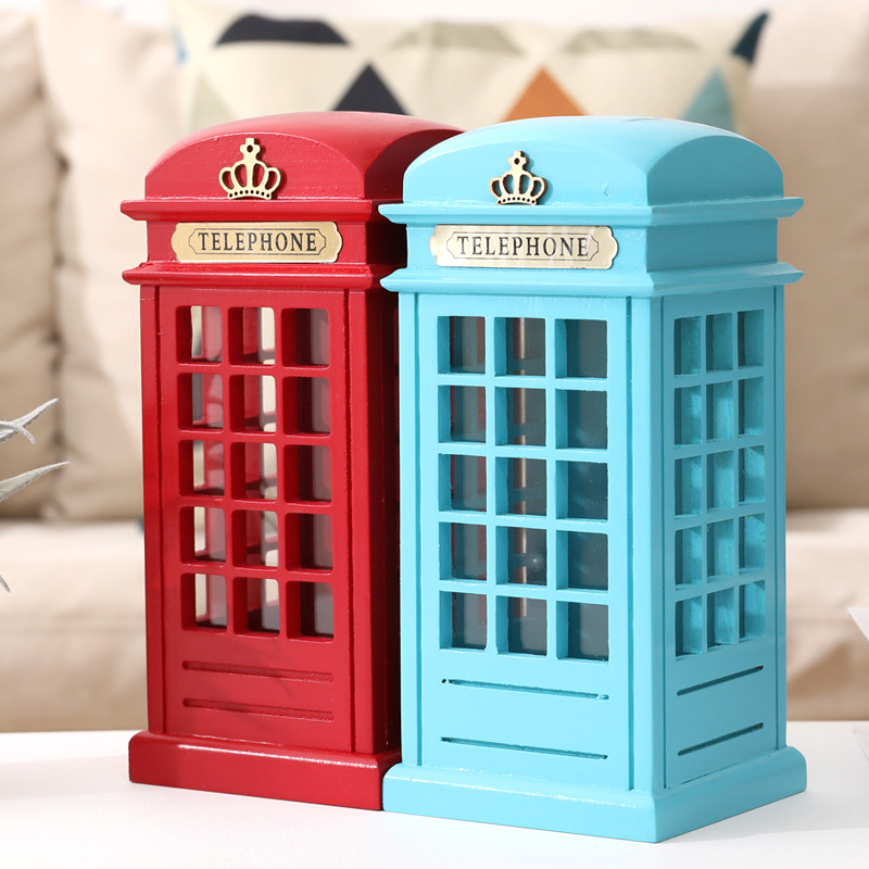 Decoration Wooden Piggy Bank Creative Furnishings Decoration Telephone Booth Saving Box Children's Birthday Gifts Wooden Piggy Bank