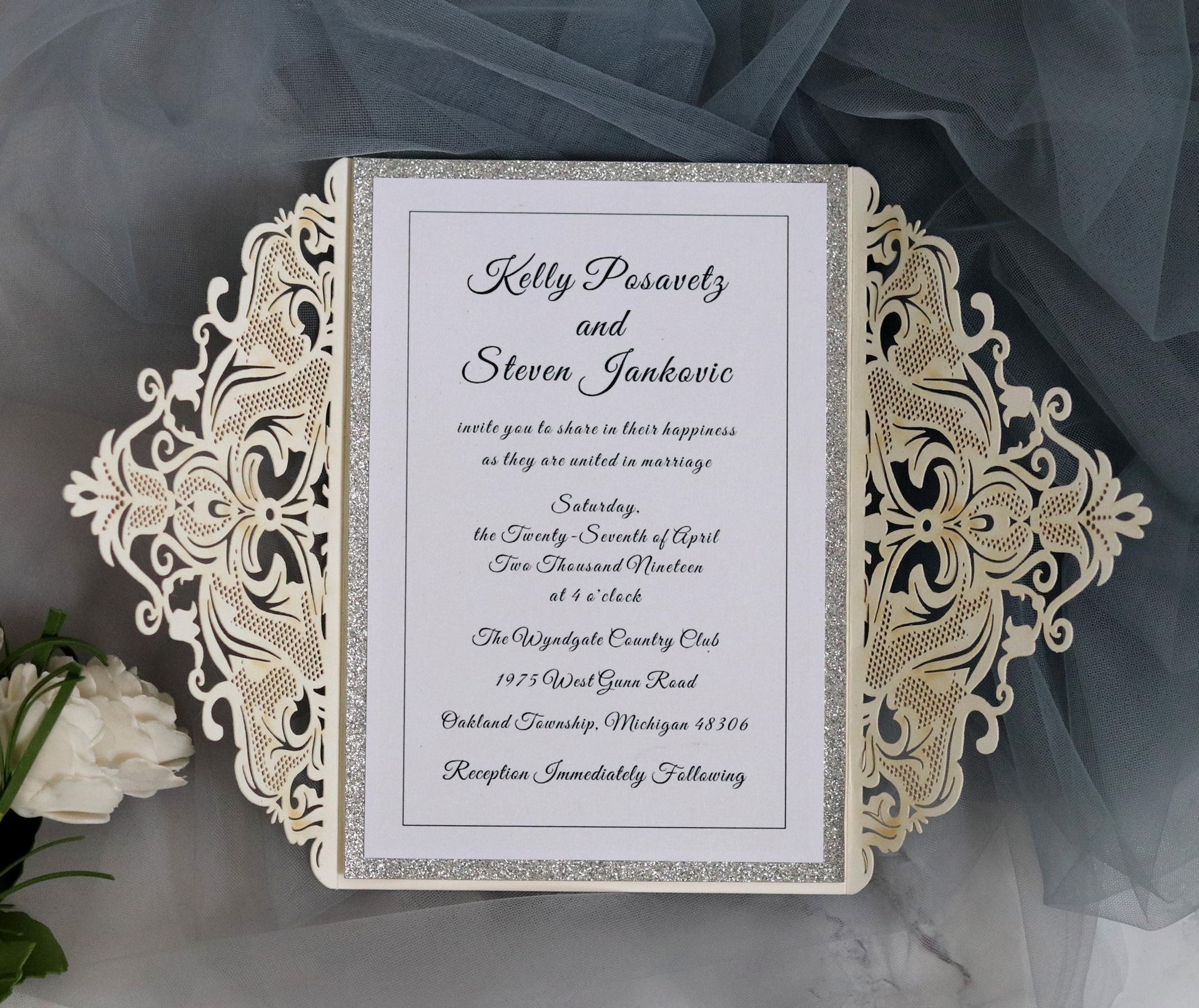 撒粉金葱激光镂空请柬 祝福贺卡周年庆邀请函卡片蕾丝欧式请帖