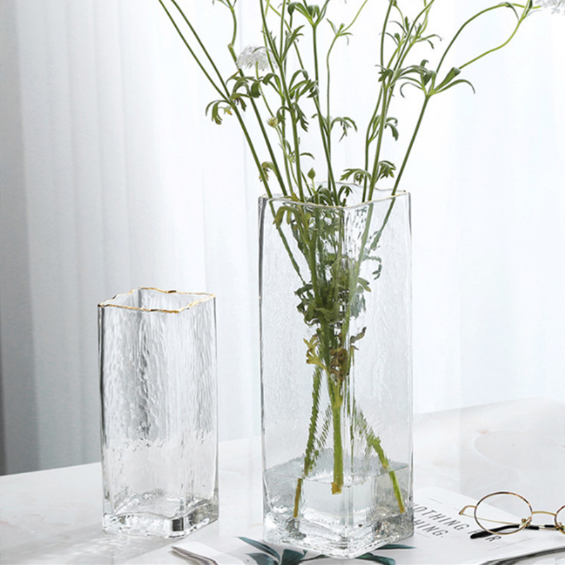 创意加厚冷纹描金方口金边四方缸玻璃锤纹花瓶富贵竹插花软装摆件