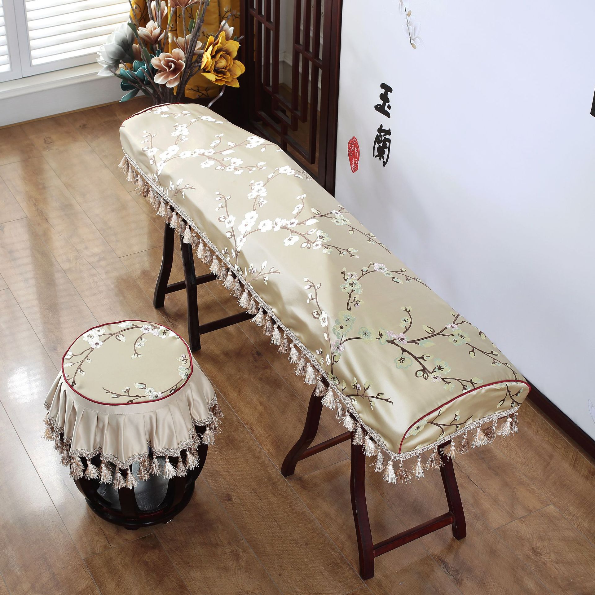 伯勤布艺古筝罩古筝配件贡缎提花古筝防尘罩披巾简约款古筝圆凳罩