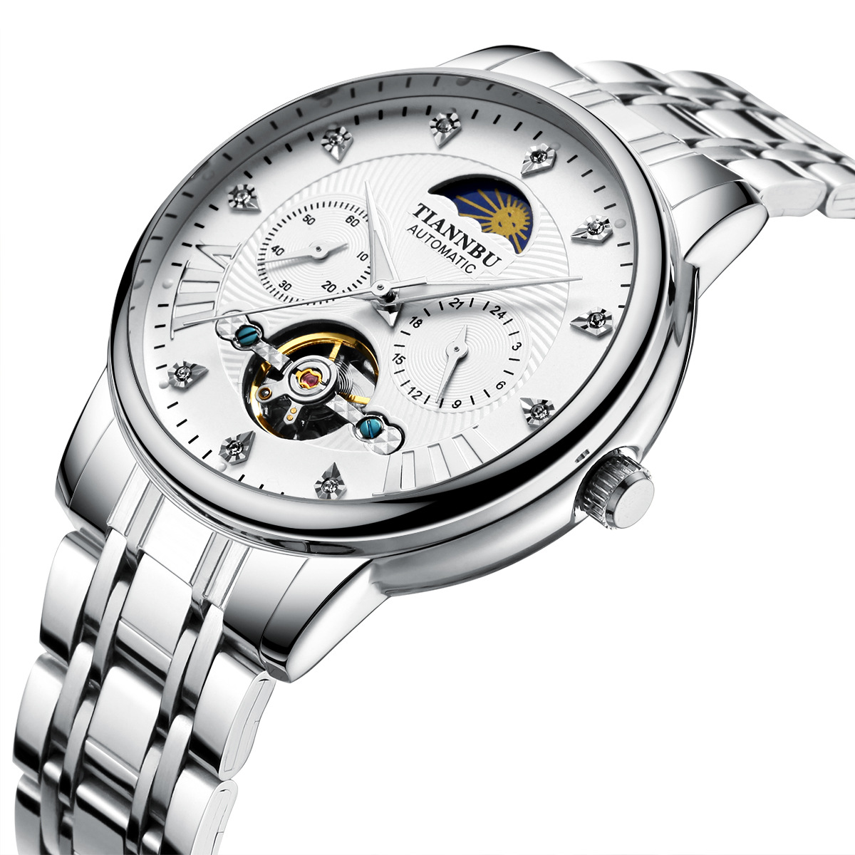 tiannbu天博正品全自动机械男士手表商务经典镂空透底时尚潮男表