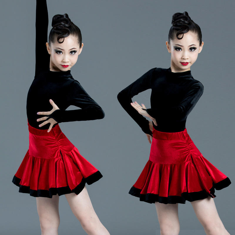 儿童拉丁舞服装长袖舞蹈衣女童秋冬练功服少儿拉丁舞裙少儿舞蹈服