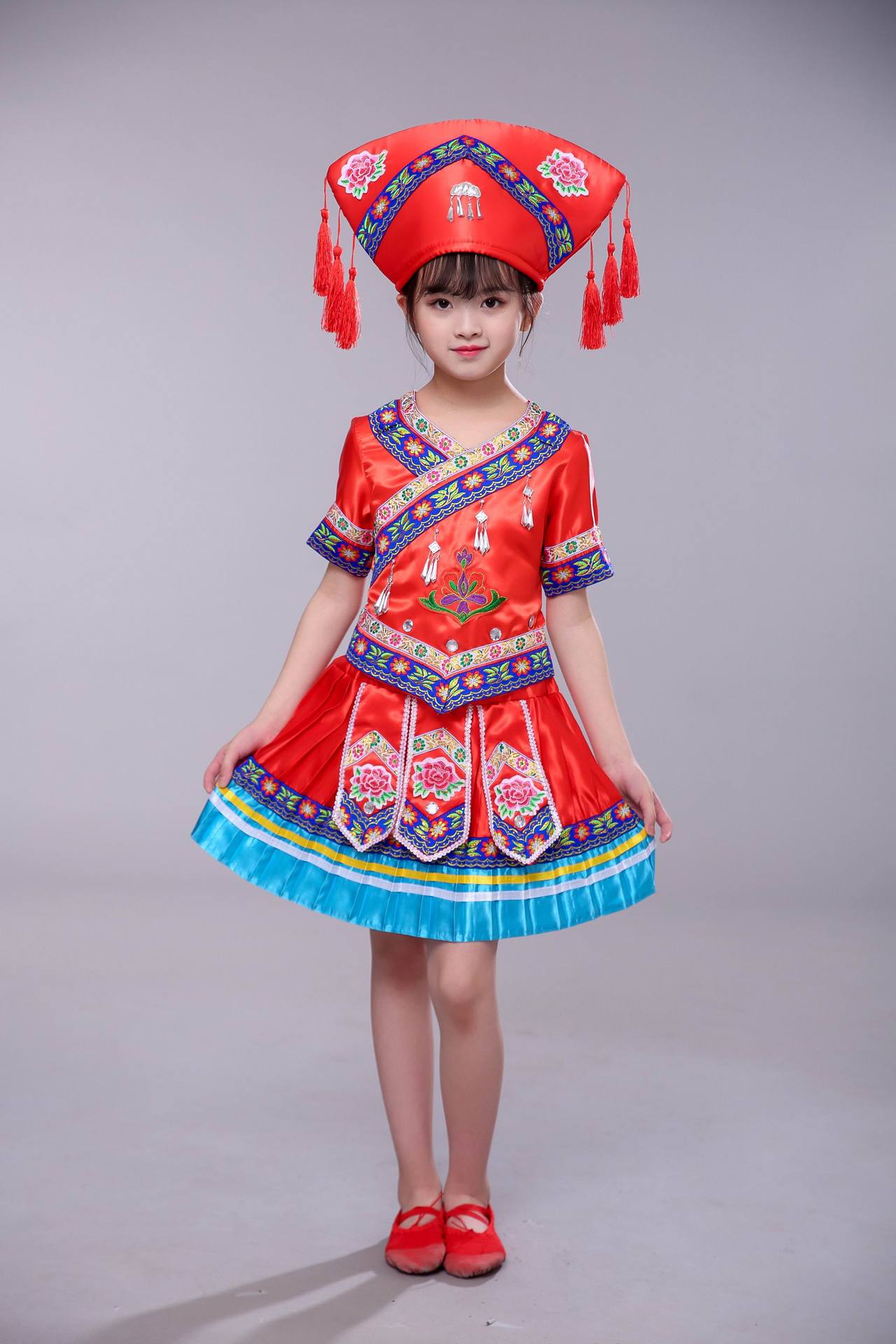 儿童壮族舞蹈演出服广西三月三女童少数民族服装苗族土家瑶族表演