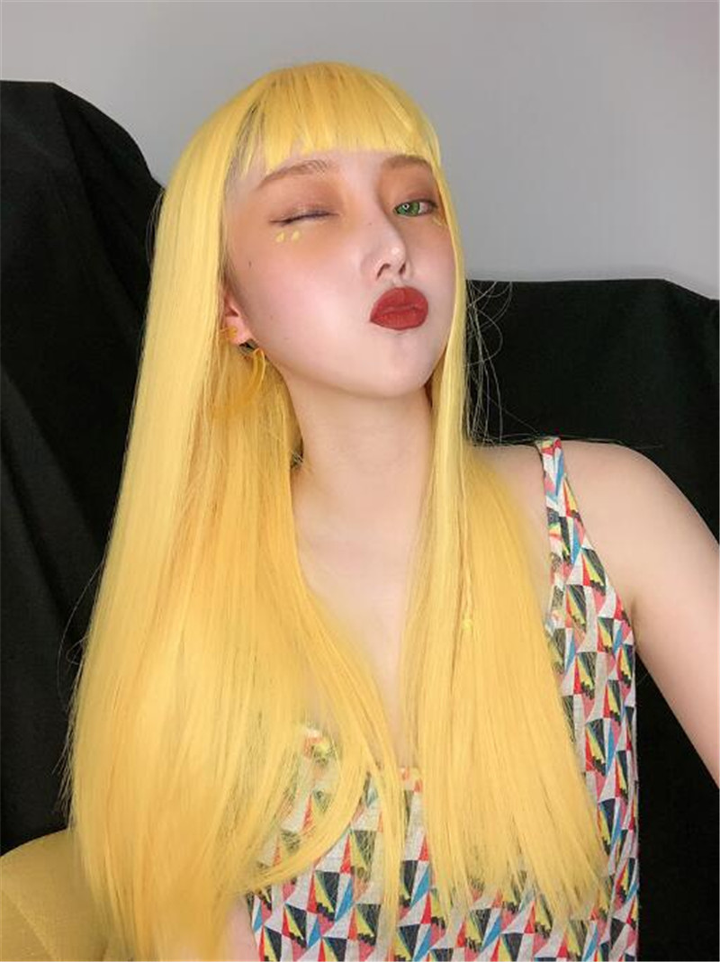 厂家现货柠檬黄假发女长直发网红直播cos汉服整顶头套假发女批发