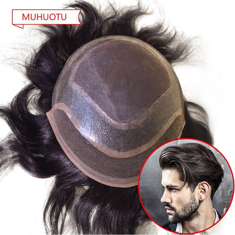 青岛厂家直销外贸款全手织真人发男士补发块men hair piece toupe